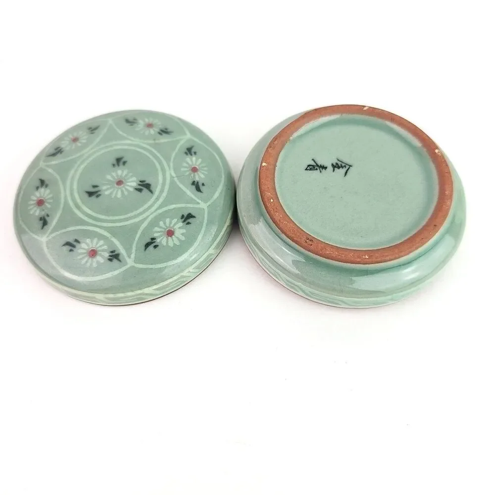 Vintage Korean Celadon Green Ceramic Floral Ring Lidded Round Trinket Box 3 inch